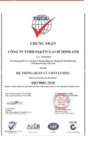 Chứng nhận - Thùng Carton Minh Anh - Công Ty TNHH SX & TM Bao Bì Minh Anh